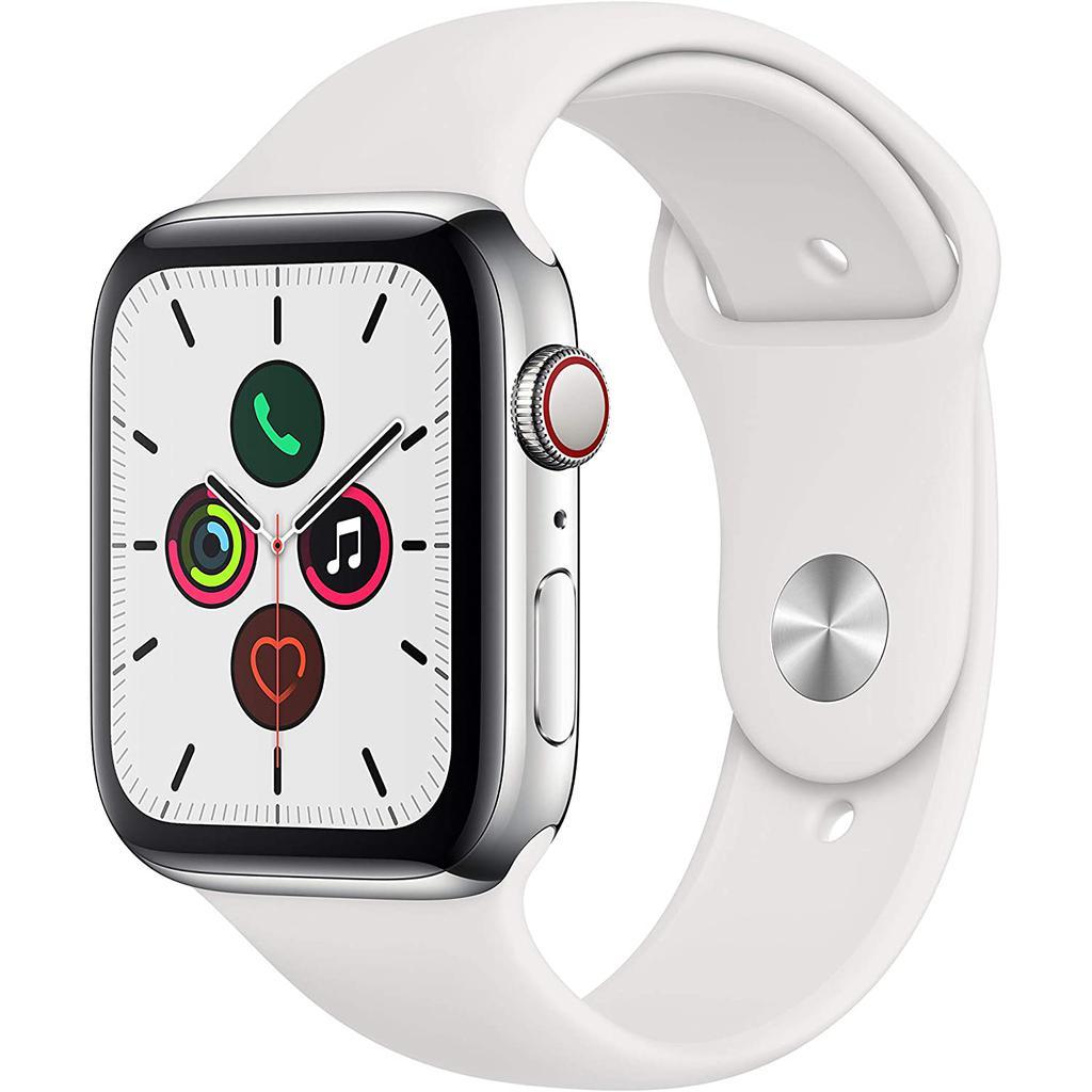 Apple Watch Series 5 44 mm Stainless steel GPS + Cellular Silver Sport Band White MWVF2LL/A